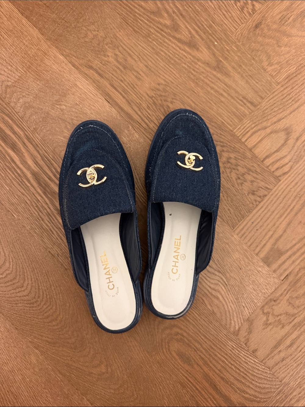 CHANEL Navy Denim CC Logo Mule Loafers